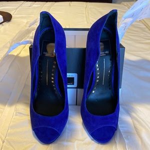 Blue Suede 4” Peep Toe Pumps